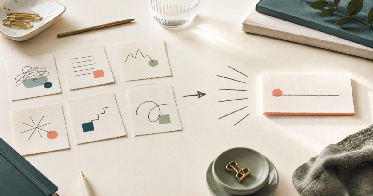 Several abstract task cards narrowing into one simple first-action card.